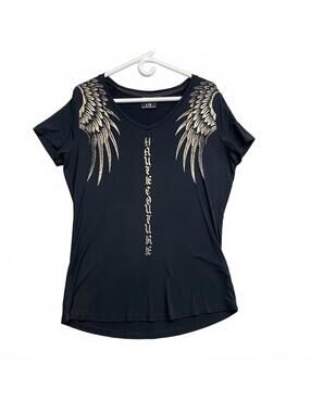 HEADRUSH Ltd Label Black Graphic V-Neck T-Shirt with Wing Design Womens Size L/G